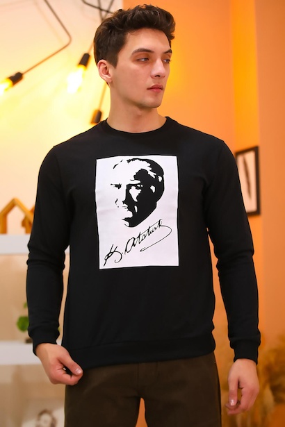 Erkek Atatürk Baskılı Bisiklet Yaka Sweat