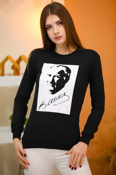 Kadın Bisiklet Yaka Atatürk Baskılı Sweat