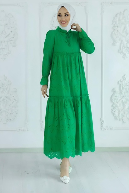 Kadın Güpürlü Uzun Elbise Yeşil 4
