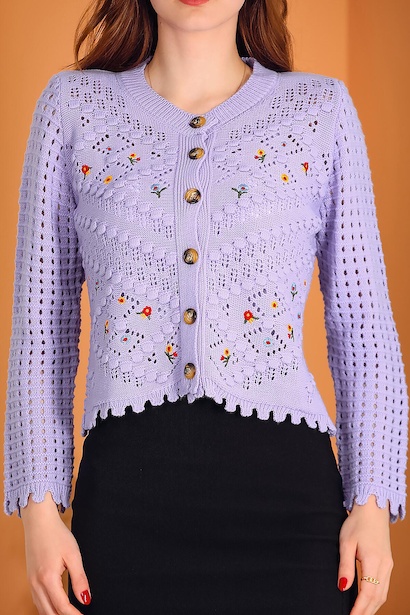 Kadın Nakışlı Düğmeli Kısa Hırka Lila 6
