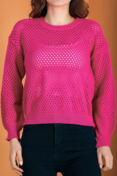 Kadın Delikli Triko Bluz Fuşya 6