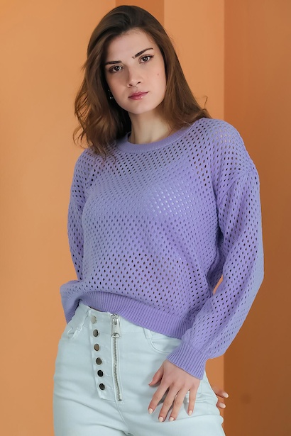Kadın Delikli Triko Bluz Lila 6