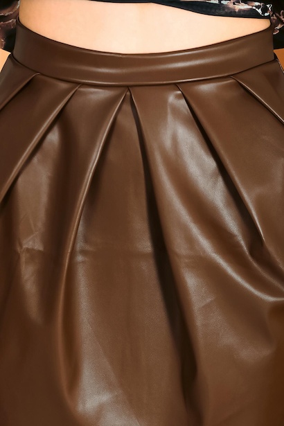 Kadın Deri Pileli Mini Etek  Kahverengi 6