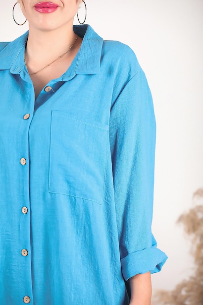 Büyük Beden Gömlek Elbise Mavi 6