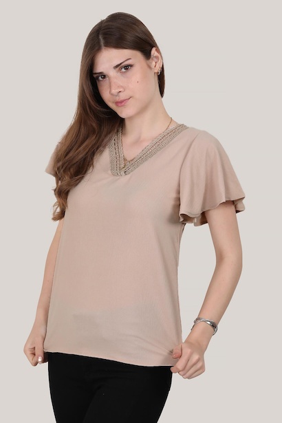 Kadın V Yaka Dantelli Bluz