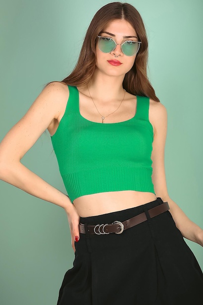 Kadın Askılı Crop Bluz Yeşil