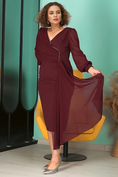 Büyük Beden Midi Boy Şifon Abiye Elbise