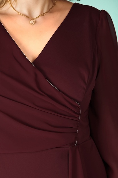 Büyük Beden Midi Boy Şifon Abiye Elbise Bordo 6