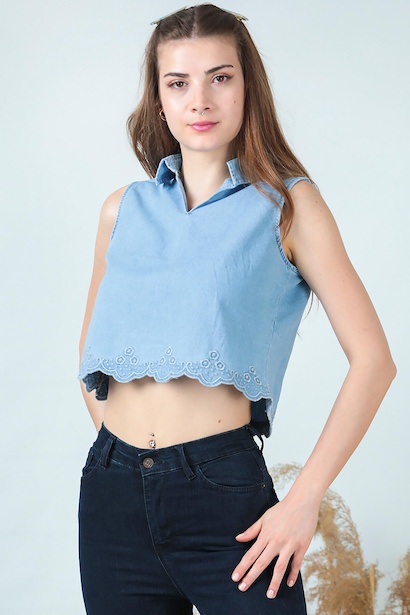 Kadın Gömlek Yaka Kısa Kot Bluz Kot 6