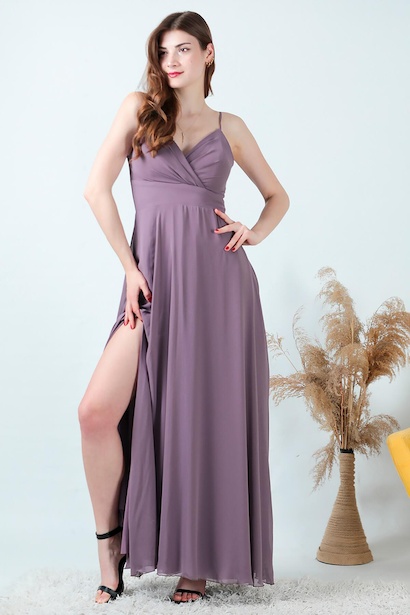 Kadın İp Askılı Şifon Uzun Abiye