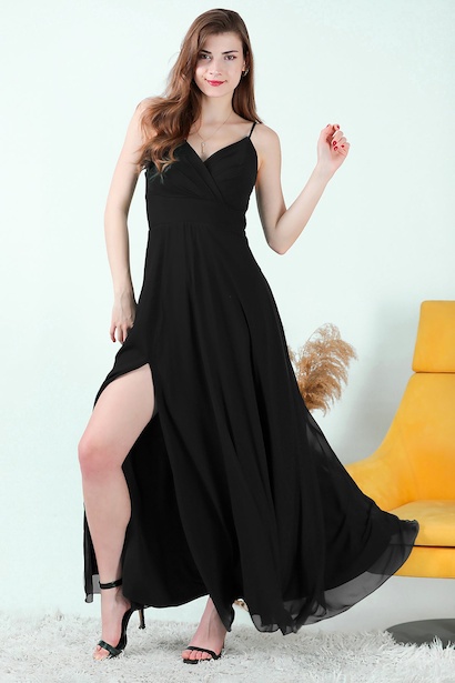 Kadın İp Askılı Şifon Uzun Abiye