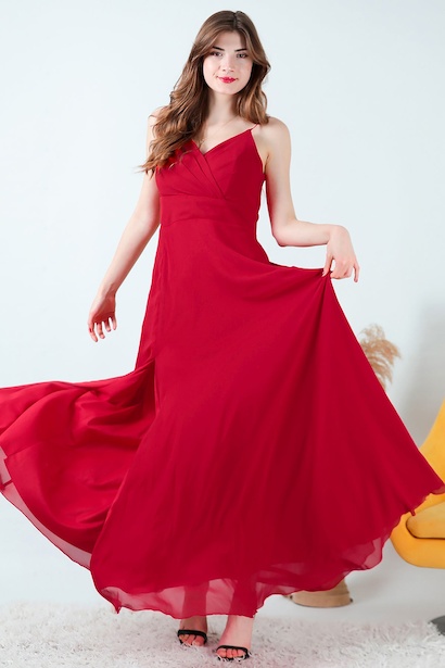 Kadın İp Askılı Şifon Uzun Abiye