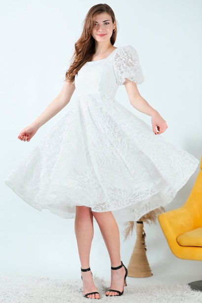 Kadın Balon Kol Simli Midi Boy Abiye Elbise