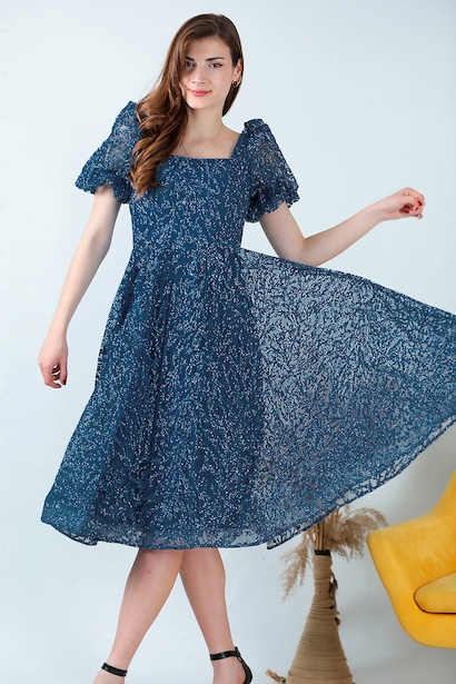 Kadın Balon Kol Simli Midi Boy Abiye Elbise