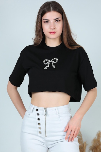 Kadın Bisiklet Yaka Taşlı T-shırt