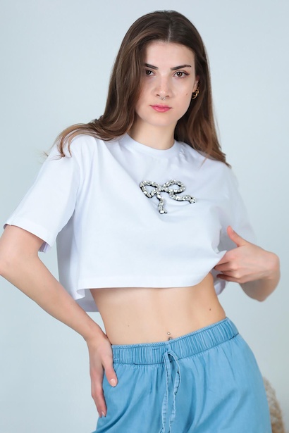 Kadın Bisiklet Yaka Taşlı T-shırt