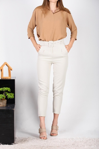 Kadın Kaplamalı Kemerli Pantolon Taş 6