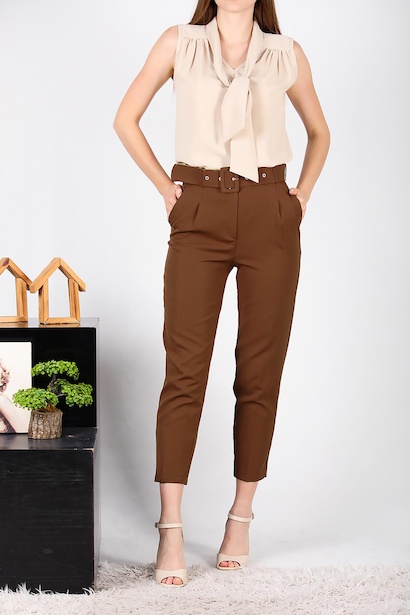 Kadın Kaplamalı Kemerli Pantolon Kahverengi 6