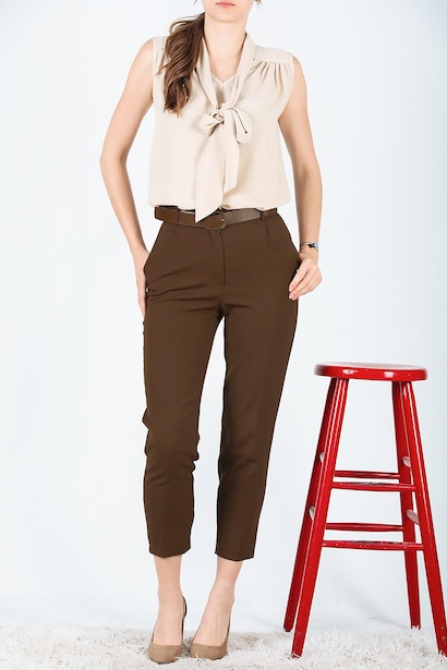 Kadın Kemerli Pantolon Kahverengi 6