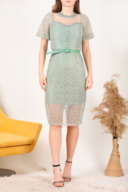 Kadın Midi Boy Kemerli Abiye Elbise Çağla Yeşili 6
