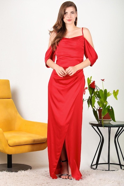 Kadın Askılı Saten Uzun Abiye