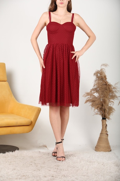 Kadın Puantiyeli Tül Elbise Bordo 6