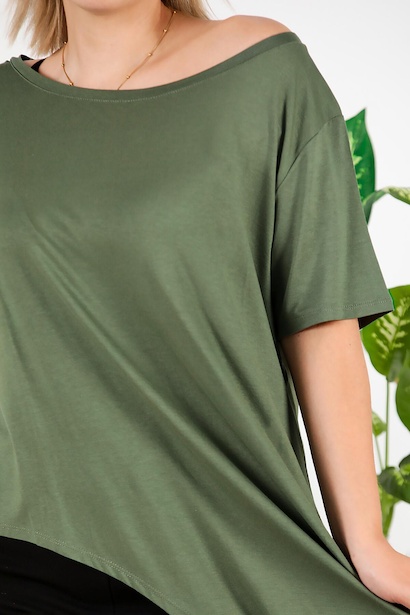 Büyük Beden Asimetrik Kesim T-shırt Haki 6