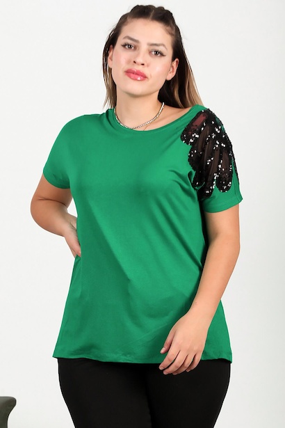 Büyük Beden Omuz Nakışlı Bluz Yeşil