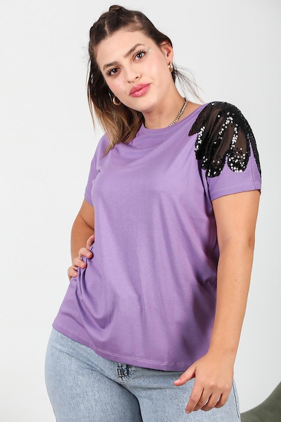 Büyük Beden Omuz Nakışlı Bluz Mor
