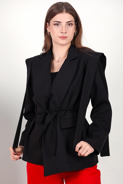 Kadın Omzu Kuşaklı Blazer Ceket Siyah 6