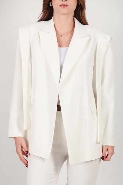 Kadın Omzu Kuşaklı Blazer Ceket Ekru 6