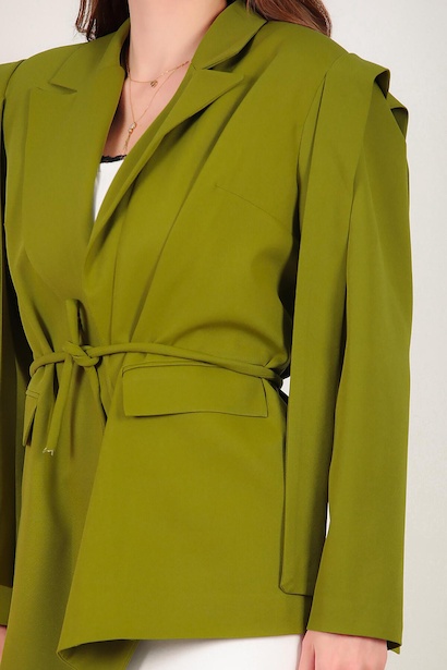 Kadın Omzu Kuşaklı Blazer Ceket Yeşil 9