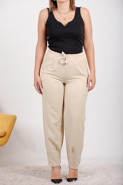 Büyük Beden Paça Pileli Pantolon Bej 6