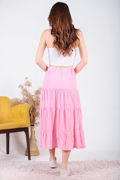 Kadın Fırfırlı Midi Etek Pembe 6