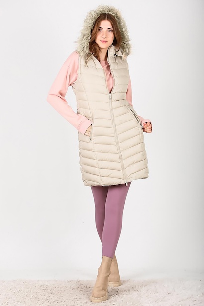Kadın Uzun Kapşonlu Şişme Yelek Taş 6