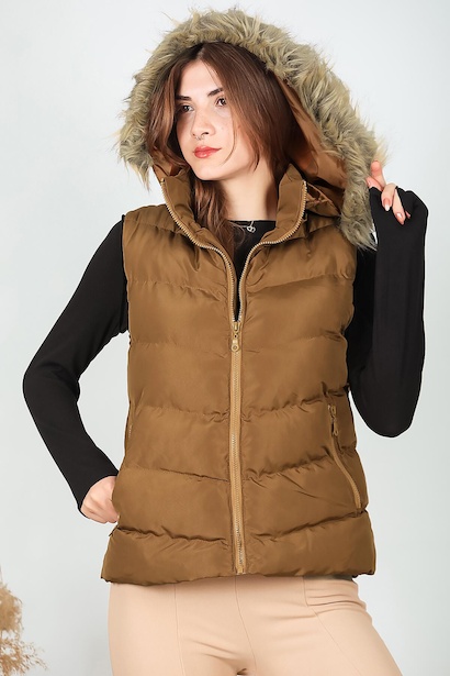 Kadın Kapşonlu Kısa Şişme Yelek Taba 6