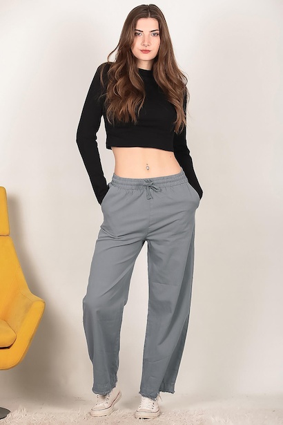 Kadın Bol Paça Püsküllü Gabardin Pantolon