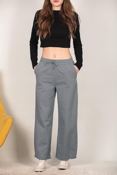 Kadın Bol Paça Püsküllü Gabardin Pantolon Gri 6