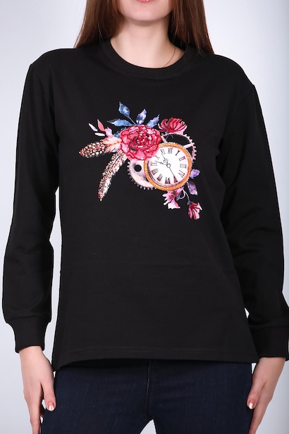 Kadın Bisiklet Yaka Baskılı Sweat Siyah 6