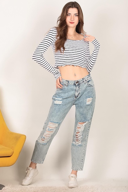 Kadın Yırtık Mom Jeans Pantolon 