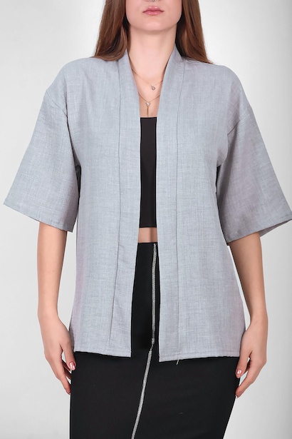 Kadın Keten Kimono Şal Ceket Gri 6