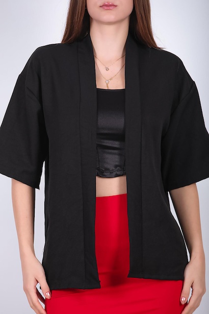Kadın Keten Kimono Şal Ceket Siyah 6
