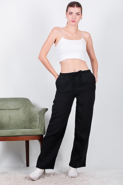 Kadın Bol Paça Keten Pantolon Siyah