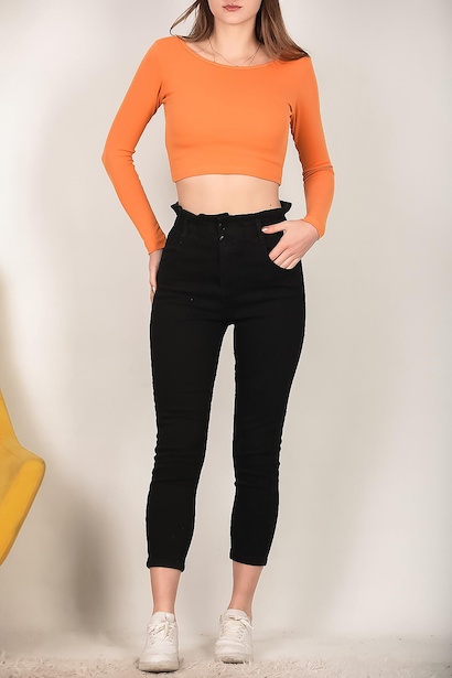 Kadın Bel Lastikli Mom Jeans Pantolon Siyah 6