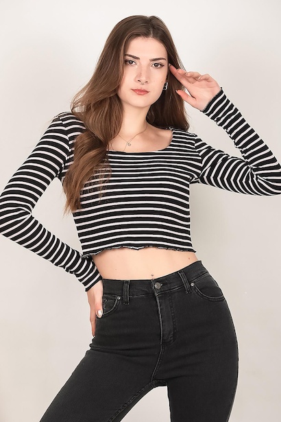 Kadın Çizgili Fitilli Crop Bluz