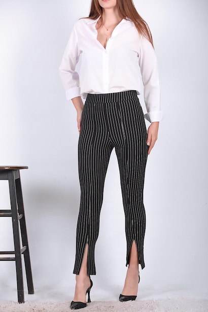 Kadın Çizgili Krep Tayt Siyah 6