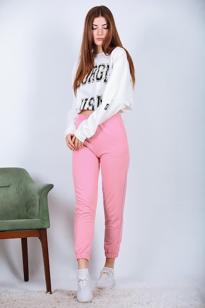 Kadın Paçası Lastikli Eşofman Altı Pembe 6