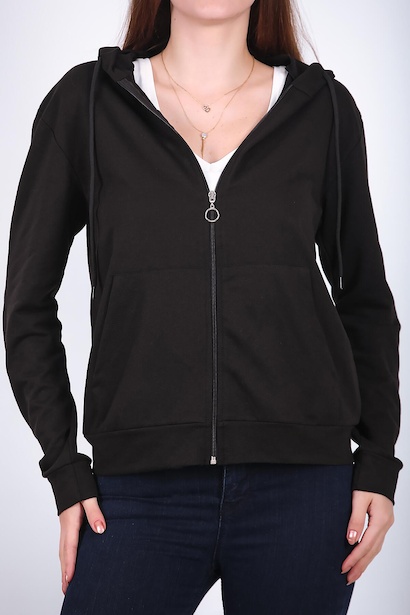 Kadın Kapşonlu Fermuarlı Sweat Siyah Siyah 6