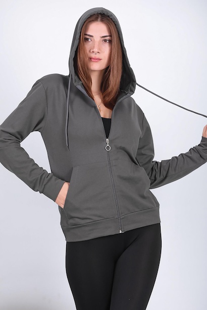 Kadın Kapşonlu Fermuarlı Sweat Füme Füme 6