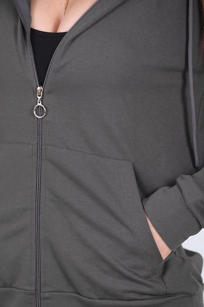 Kadın Kapşonlu Fermuarlı Sweat Füme Füme 9
